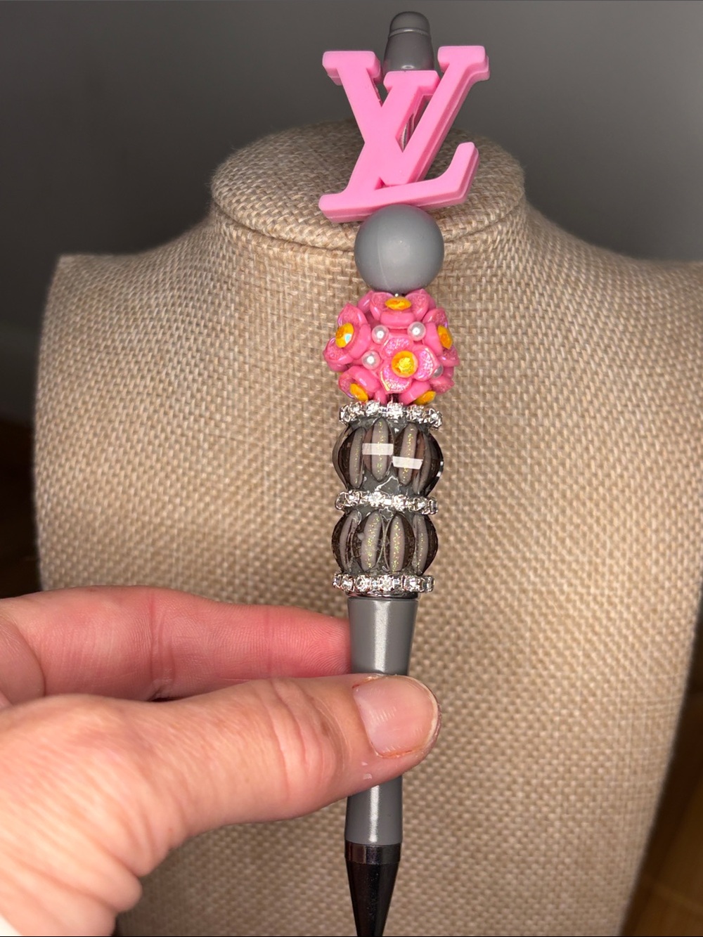 Luxury-Inspired Pink LV Logo Beaded Pen